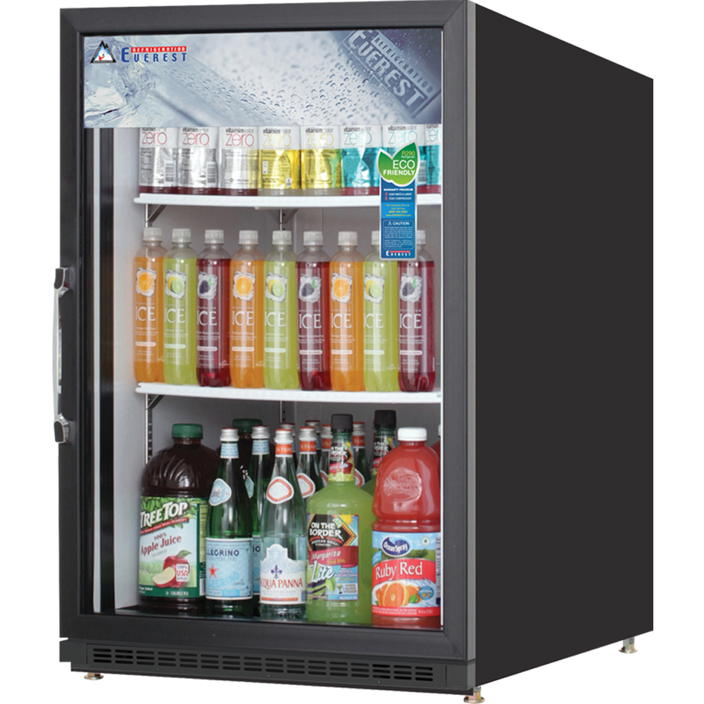 Everest EMGR5B 25 inch Commercial Single Swing Glass Door Merchandiser Refrigerator with 5 Cu. Ft. Capacity, 1/5 Horsepower, in Black