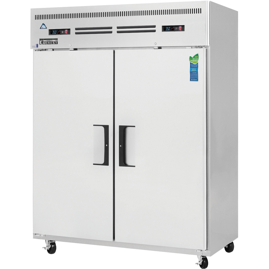 Everest ESWRF2 59 inch Commercial 2 Section Solid Door Upright Reach-In Dual Temp Refrigerator/Freezer Combo with 52 Cu. Ft. Capacity, 3/4 Horsepower, in Stainless Steel