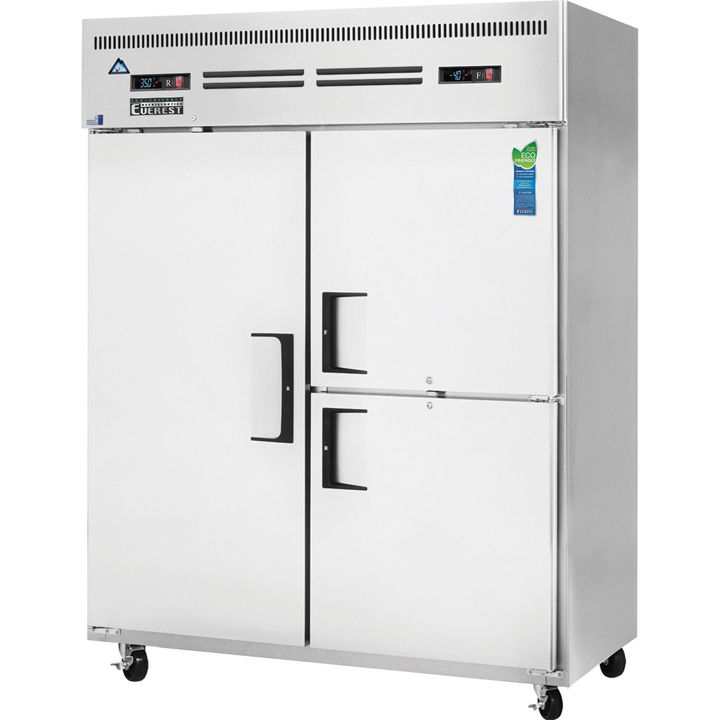 Everest ESWQ3 59 inch Commercial 2 Section Full/Half Door Upright Reach-In Dual Temp Refrigerator/Freezer Combo with 52 Cu. Ft. Capacity, 3/4 Horsepower, in Stainless Steel