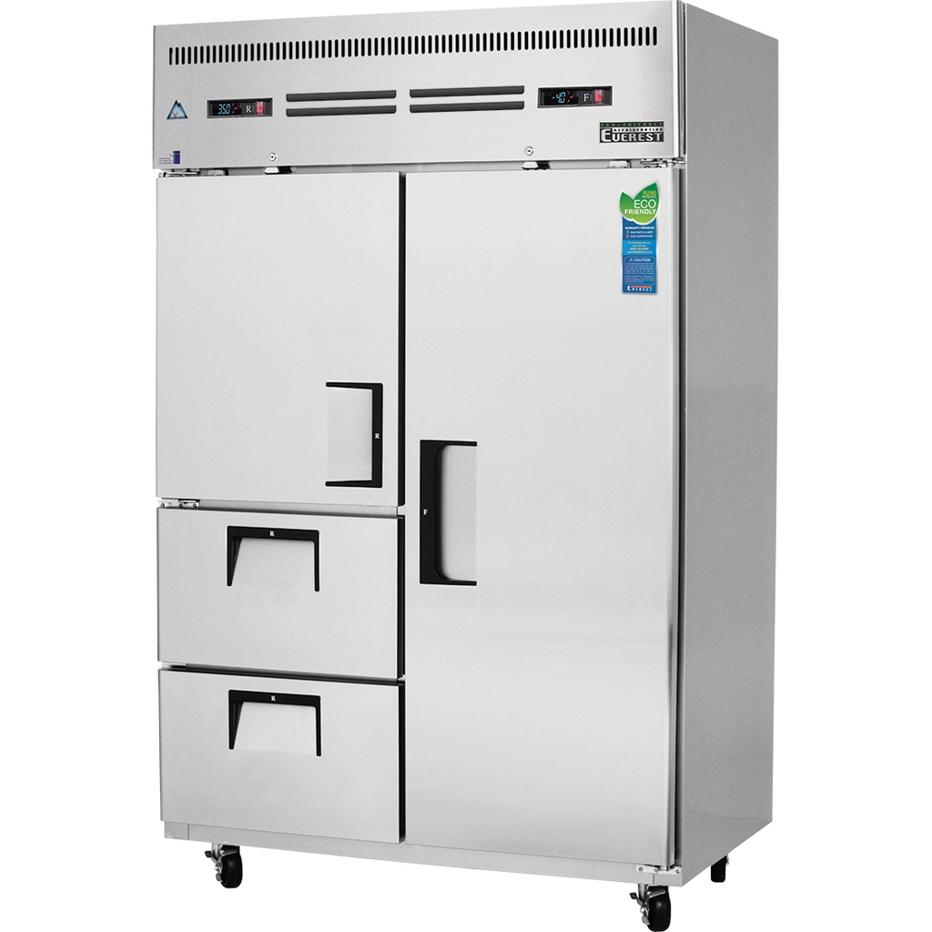 Everest ESRF2D2 50 inch Commercial 2 Section Full/Half Door and Drawer Combo Upright Reach-In Dual Temperature Refrigerator/Freezer Combo with 44 Cu. Ft. Capacity, 3/4 Horsepower, in Stainless Steel