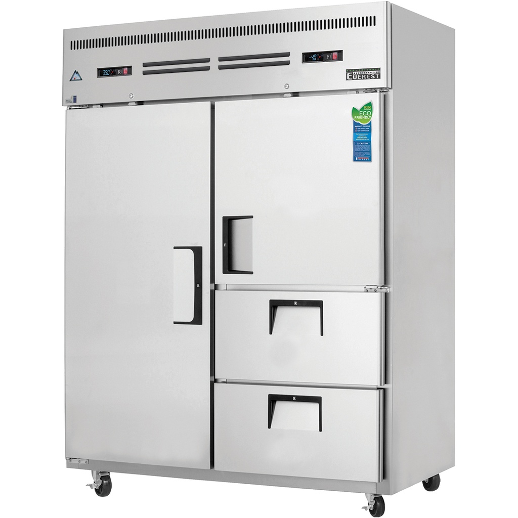 Everest ESWQ2D2 59 inch Commercial 2 Section Full/Half Door and Drawer Upright Reach-In Dual Temperature Refrigerator/Freezer Combo with 52 Cu. Ft. Capacity, 1/4+ (R) and 1/3 (F) Horsepower, in Stainless Steel