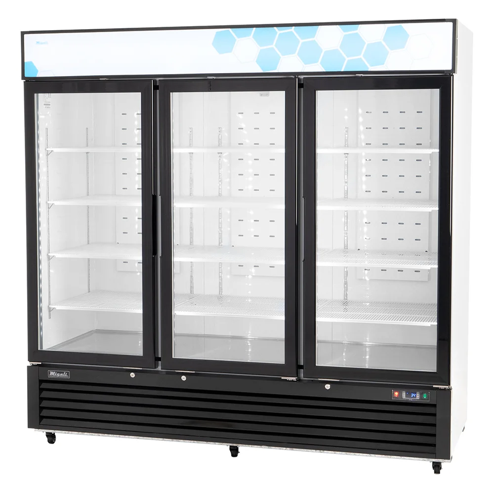 Migali C72RMHC Competitor Series 82 inch Commercial 3-Section Reach-In Glass-Door Merchandiser Refrigerator with 72 cu. ft. Capacity, 3/4 Horsepower 