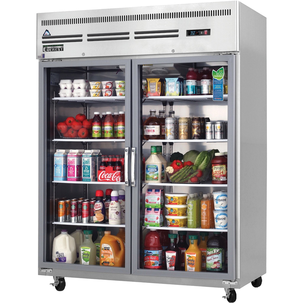Everest ESGWR2 59 inch Commercial 2 Section Glass Door Upright Reach-In Refrigerator with 55 Cu. Ft. Capacity, 1/2 Horsepower, in Stainless Steel