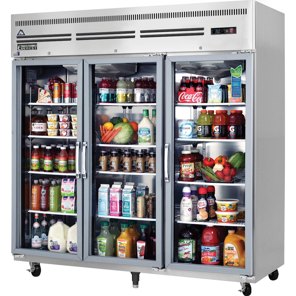 Everest ESGR3A 75 inch Commercial 3 Section Glass Door Upright Reach-In Refrigerator with 71 Cu. Ft. Capacity, 3/4 Horsepower, in Stainless Steel