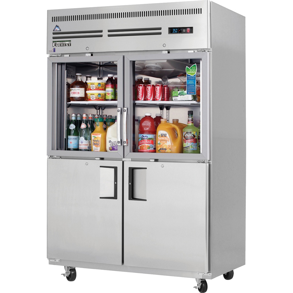 Everest EGSH4 50 inch Commercial 2 Section Glass/Solid Half Door Upright Reach-In Refrigerator with 48 Cu. Ft. Capacity, 1/3 Horsepower, in Stainless Steel