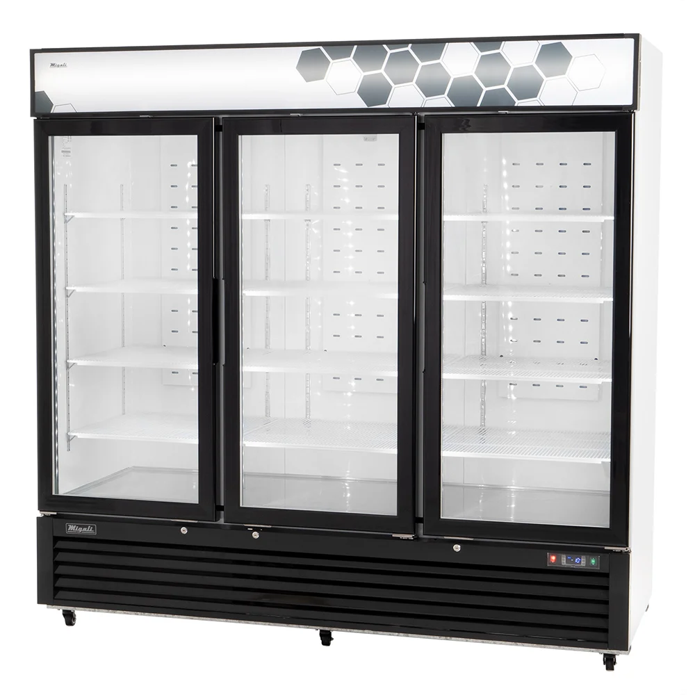 Migali C72FMHC Competitor Series 82 inch Commercial 3-Section Reach-In Glass Door Merchandiser Freezer with 72cu.ft. Capacity, 1 1/2 Horsepower