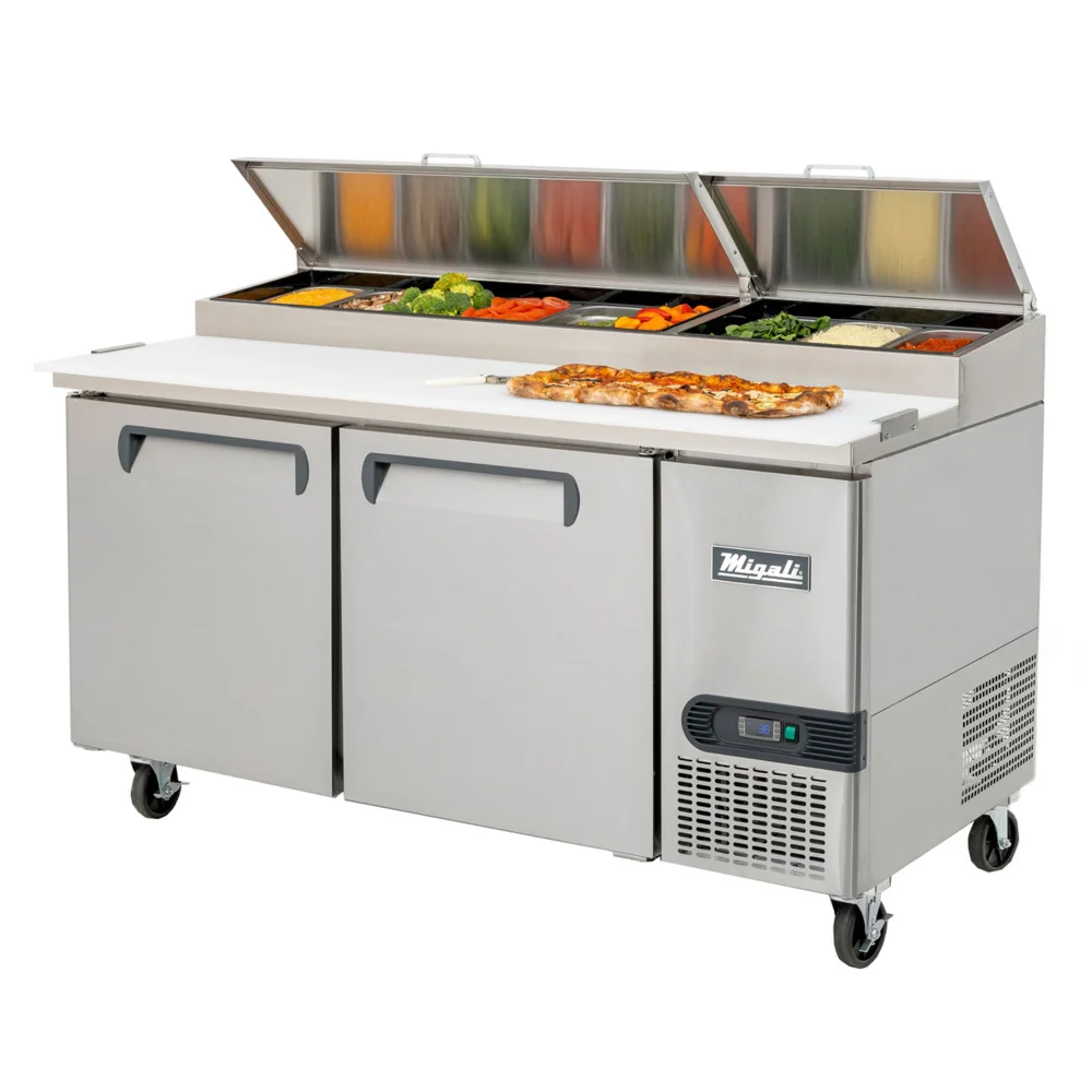 Migali CPP67HC Competitor Series 67 inch Commercial 2-Door Pizza Prep Table Refrigerator with 20 cu. ft. Capacity, 2/3 Horsepower, in Stainless Steel