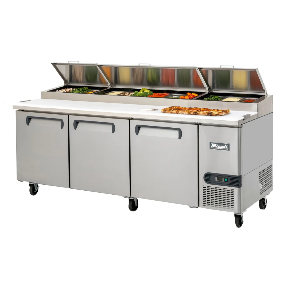 Migali CPP93HC Competitor Series 93 inch Commercial 3-Door Pizza Prep Table Refrigerator with 26 cu.ft. Capacity, 2/3 Horsepower, in Stainless Steel
