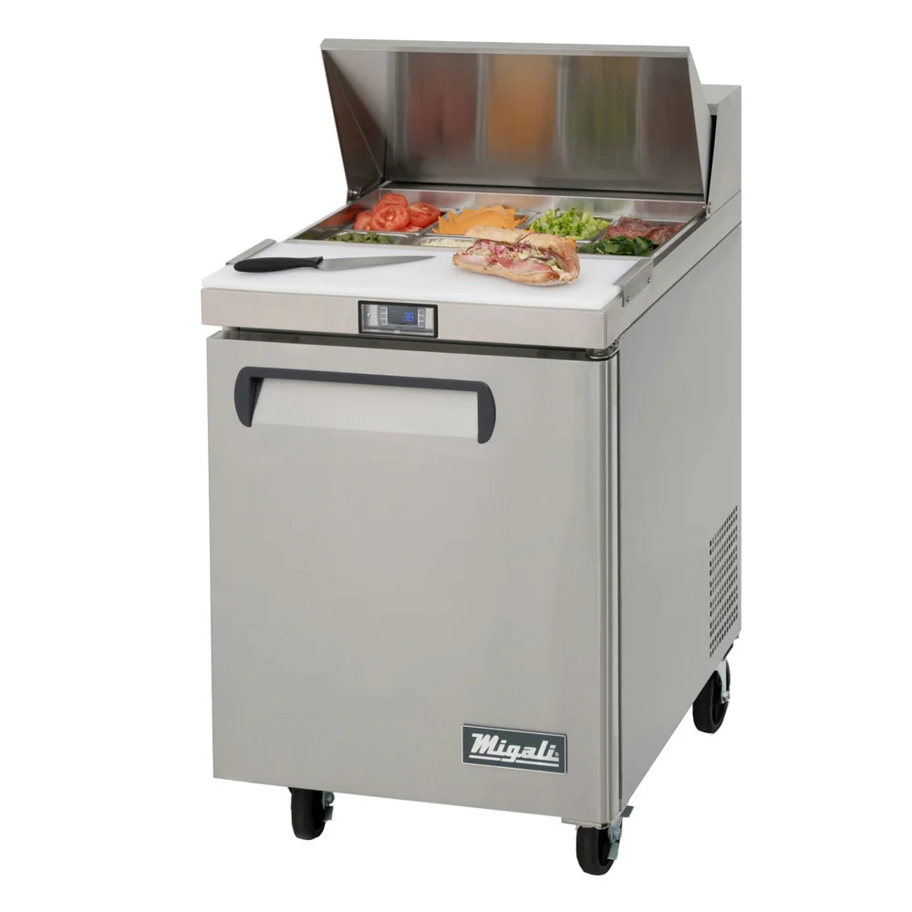 Migali CSP278HC Competitor Series 27 inch Commercial 8-Pan Sandwich Prep Table Refrigerator with 7 cu. ft. Capacity, 1/4 Horsepower, in Stainless Steel
