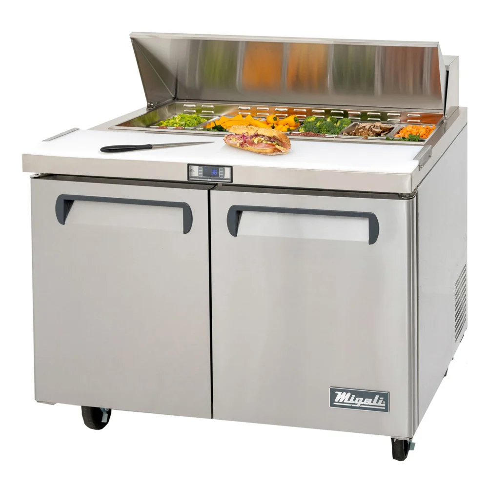 Migali CSP4812HC Competitor Series 48 inch Commercial 2-Door, 12-Pan Sandwich Prep Table Refrigerator with 12 cu. ft. Capacity, 1/3 Horsepower, in Stainless Steel