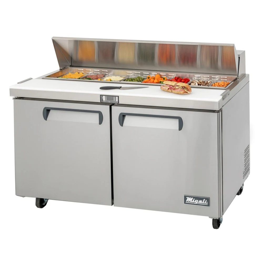 Migali CSP6016HC Competitor Series 60 inch Commercial 2-Door, 16-Pan Sandwich Prep Table Refrigerator with 18 cu. ft. Capacity, 1/2 Horsepower, in Stainless Steel