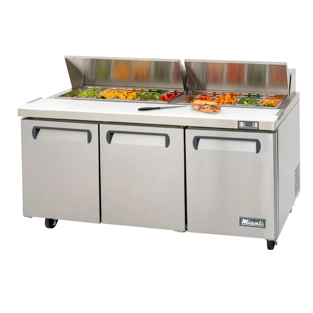 Migali CSP7218HC Competitor Series 72 inch Commercial 3-Door, 18-Pan Sandwich Prep Table Refrigerator with 25 cu. ft. Capacity, 1/2 Horsepower, in Stainless Steel
