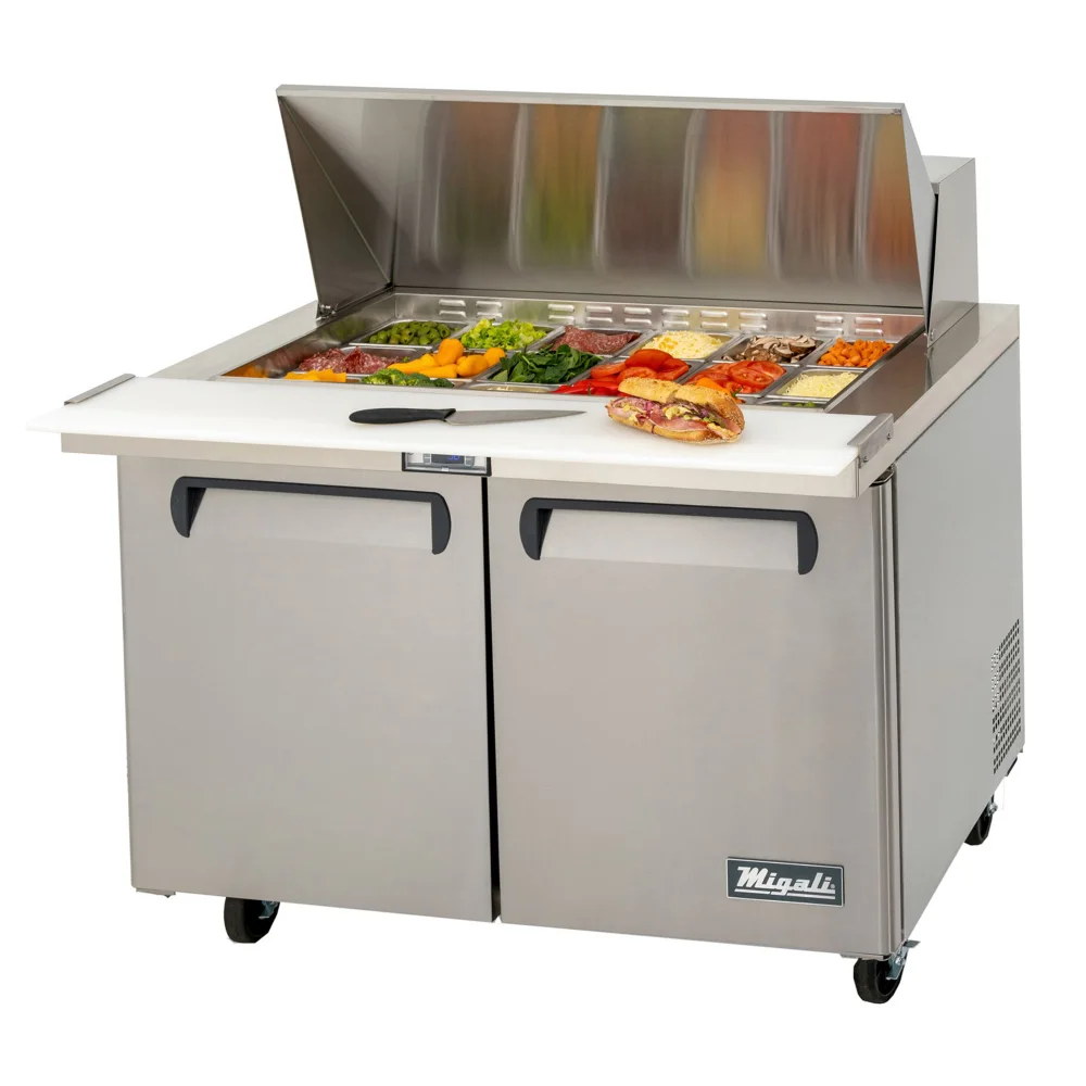 Migali CSP4818BTHC Competitor Series 48 inch Commercial 2 Door, 18 Pans, Big Top Sandwich Prep Table Refrigerator with 12 cu.ft. Capacity, 1/3 Horsepower, in Stainless Steel