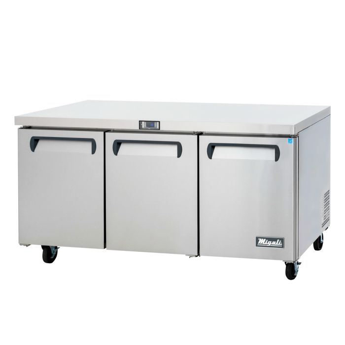 Migali CU72RHC Competitor Series 72 inch Commercial 3-Door Under-Counter Worktop Refrigerator with 25 cu. ft. Capacity, 1/2 Horsepower, in Stainless Steel