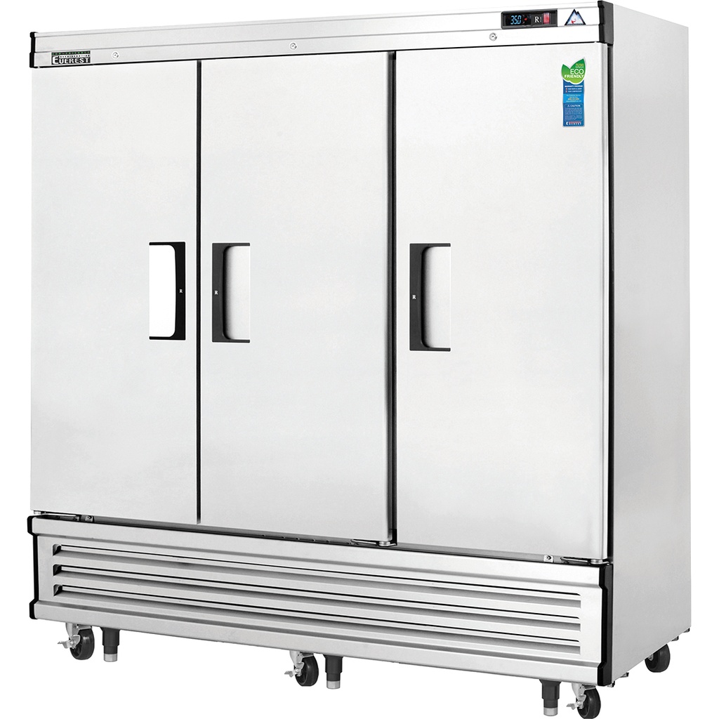 Everest EBR3 75 inch Commercial 3 Section Solid Door Bottom Mounted Upright Reach-In Refrigerator with 71 Cu. Ft. Capacity, 3/4 Horsepower, in Stainless Steel