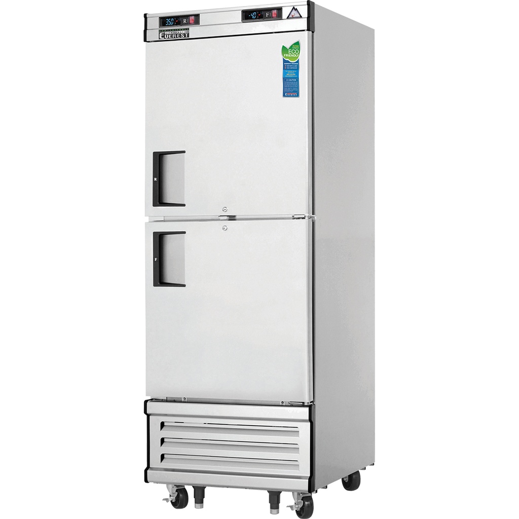 Everest EBWRFH2 30 inch Commercial 2-Half Door Bottom Mounted Upright Reach-In Dual Temp Refrigerator/Freezer Combo with 22 Cu. Ft. Capacity, 1/2 Horsepower, in Stainless Steel