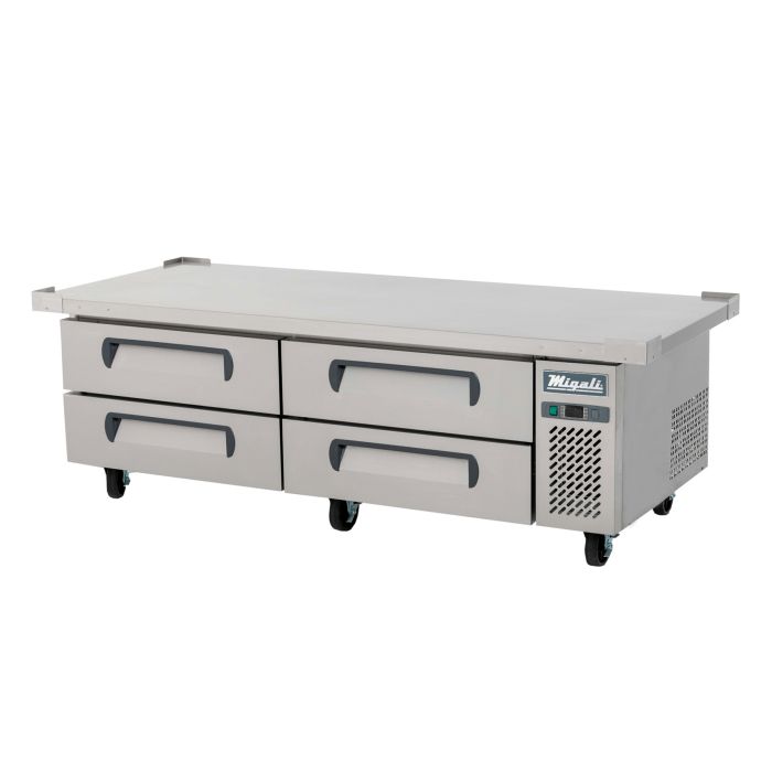 Migali CCB7276HC Competitor Series 72 inch Commercial Refrigerated Chef Base with 76 inch Extended Top, 15 cu. ft. Capacity, 4-Drawers, 1/4 Horsepower, in Stainless Steel