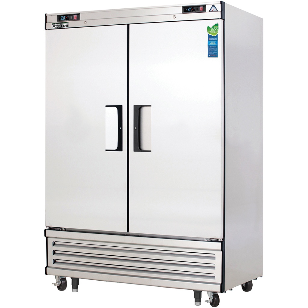 Everest EBRF2 55 inch Commercial 2-Section Solid Door Bottom Mounted Upright Reach-In Dual Temp Refrigerator/Freezer Combo with 48 Cu. Ft. Capacity, 3/4 Horsepower, in Stainless Steel
