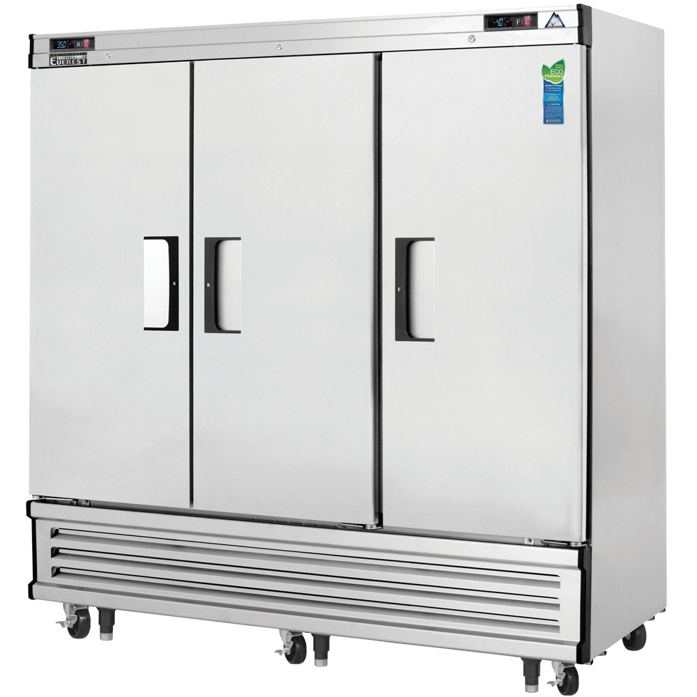 Everest EBRF3 75 inch Commercial 3-Section Solid Door Bottom Mounted Upright Reach-In Dual Temp Refrigerator/Freezer Combo with 68 Cu. Ft. Capacity, 1/3+ (R) and 1/3 (F) Horsepower, in Stainless Steel