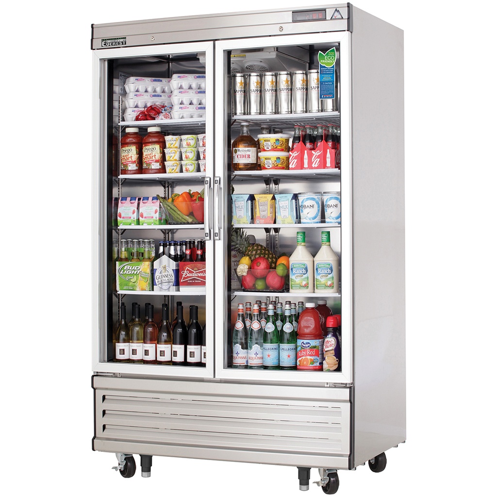 Everest EBGNR2 40 inch Commercial 2-Section Glass Door Bottom Mounted Upright Reach-In Refrigerator with 33 Cu. Ft. Capacity, 1/3 Horsepower, in Stainless Steel