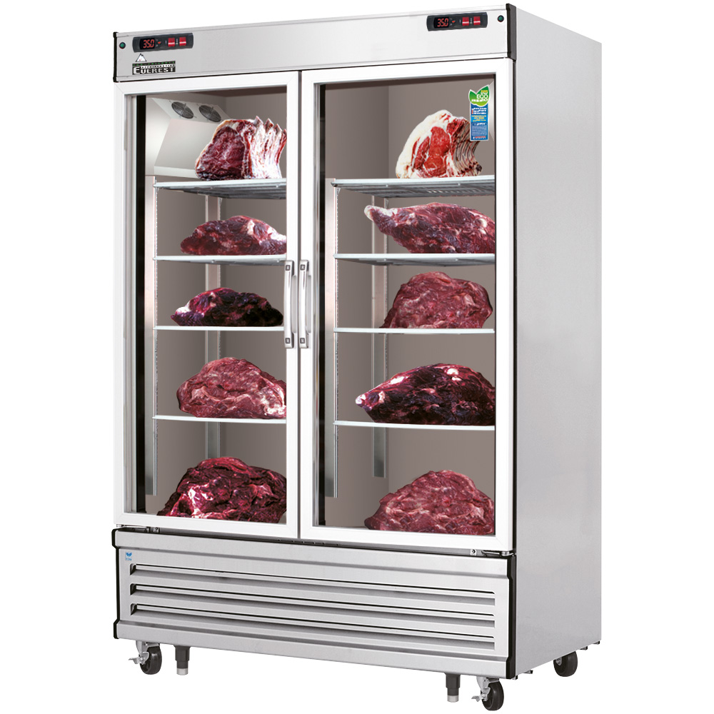Everest EDA2 55 inch Commercial 2-Section Glass Door Meat Drying/Aging/Thawing/Curing Cabinet Refrigerator with 50 Cu. Ft. Capacity, 2/3 Horsepower, in Stainless Steel