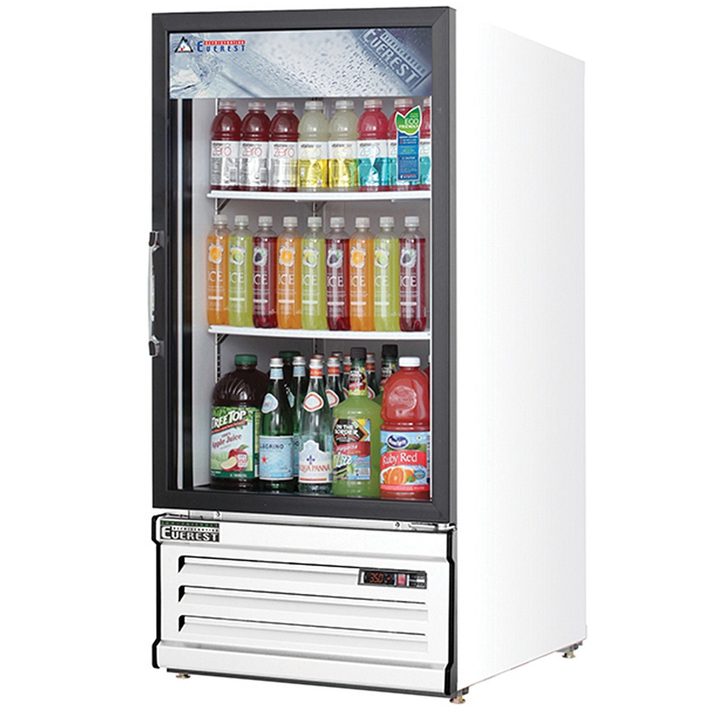 Everest EMGR8 24 inch Commercial Single Swing Glass Door Merchandiser Refrigerator with 8 Cu. Ft. Capacity, 1/4 Horsepower, in White