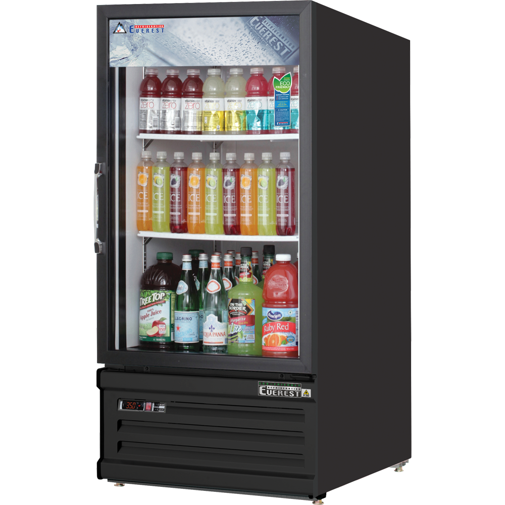 Everest EMGR8B 24 inch Commercial Single Swing Glass Door Merchandiser Refrigerator with 8 Cu. Ft. Capacity, 1/4 Horsepower, in Black