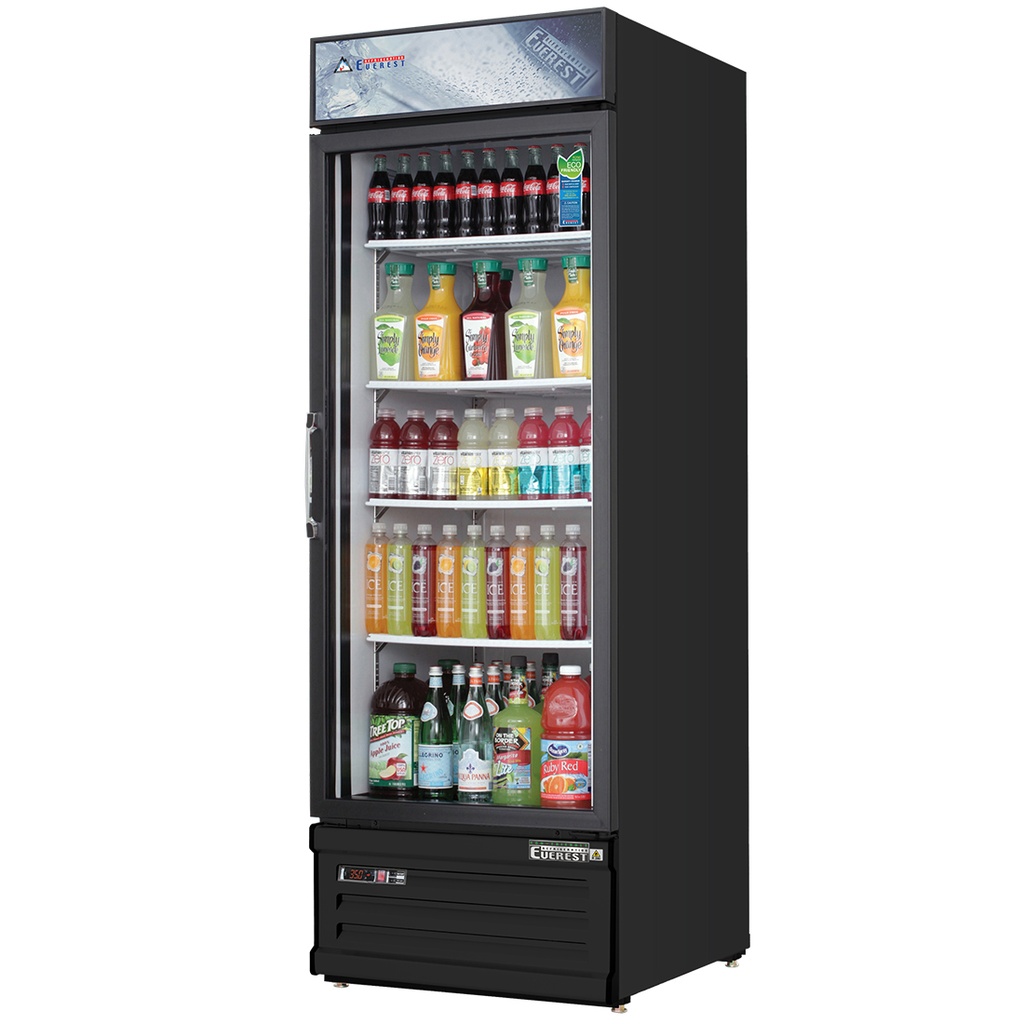 Everest EMGR10B 24 inch Commercial Single Swing Glass Door Merchandiser Refrigerator with 10 Cu. Ft. Capacity, 1/4 Horsepower, in Black