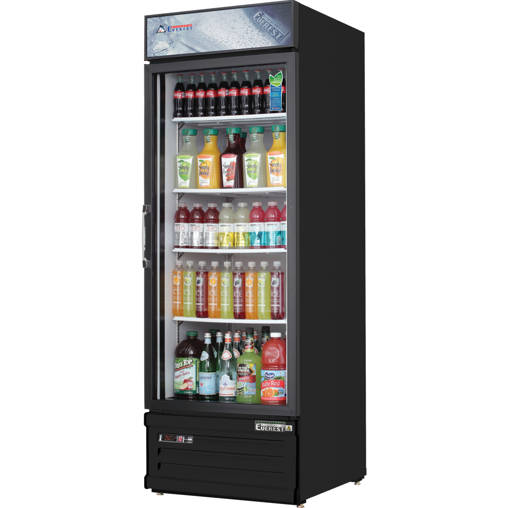 Everest EMGR20B 25 inch Commercial Single Swing Glass Door Merchandiser Refrigerator with 20 Cu. Ft. Capacity, 1/4 Horsepower, in Black