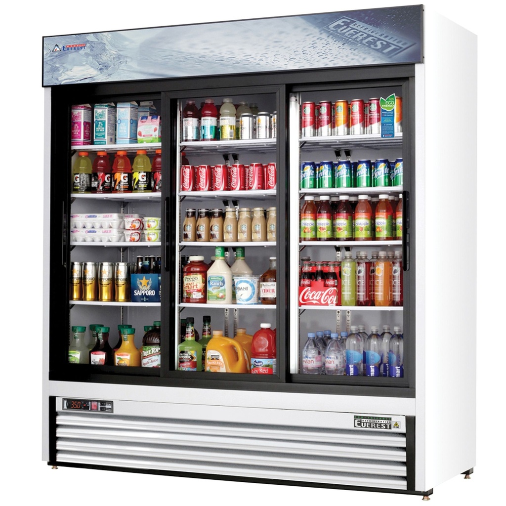 Everest EMGR69 73 inch Commercial 3-Sliding Glass Door Merchandiser Refrigerator with 69 Cu. Ft. Capacity, 3/4 Horsepower