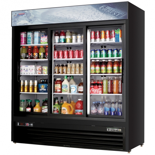 Everest EMGR69B 73 inch Commercial 3-Sliding Glass Door Merchandiser Refrigerator with 69 Cu. Ft. Capacity, 3/4 Horsepower, in Black