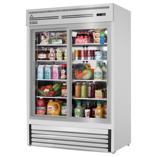 Everest EMGR48SS 54 inch Commercial Double Sliding Glass Door Merchandiser Refrigerator with 48 Cu. Ft. Capacity, 1/2 Horsepower, in Stainless Steel