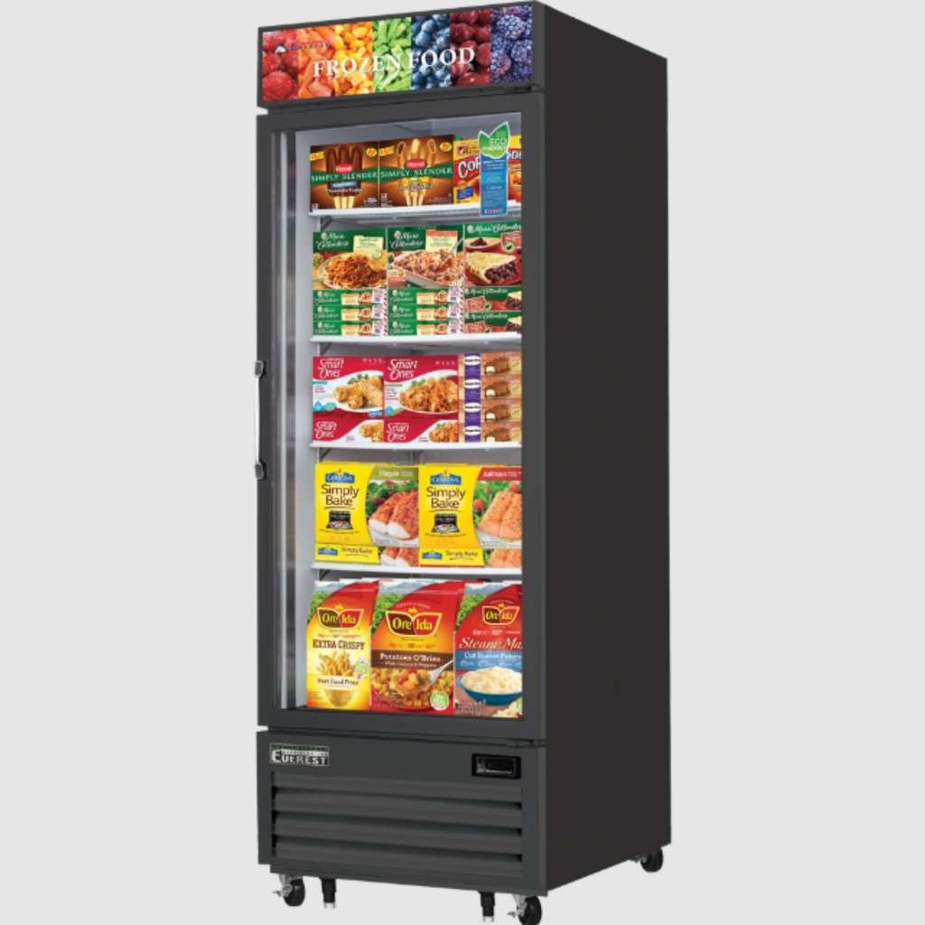 Everest EMGF23B 30 inch Commercial Single Swing Glass Door Merchandiser Freezer with 23 Cu. Ft. Capacity, 1 Horsepower, in Black