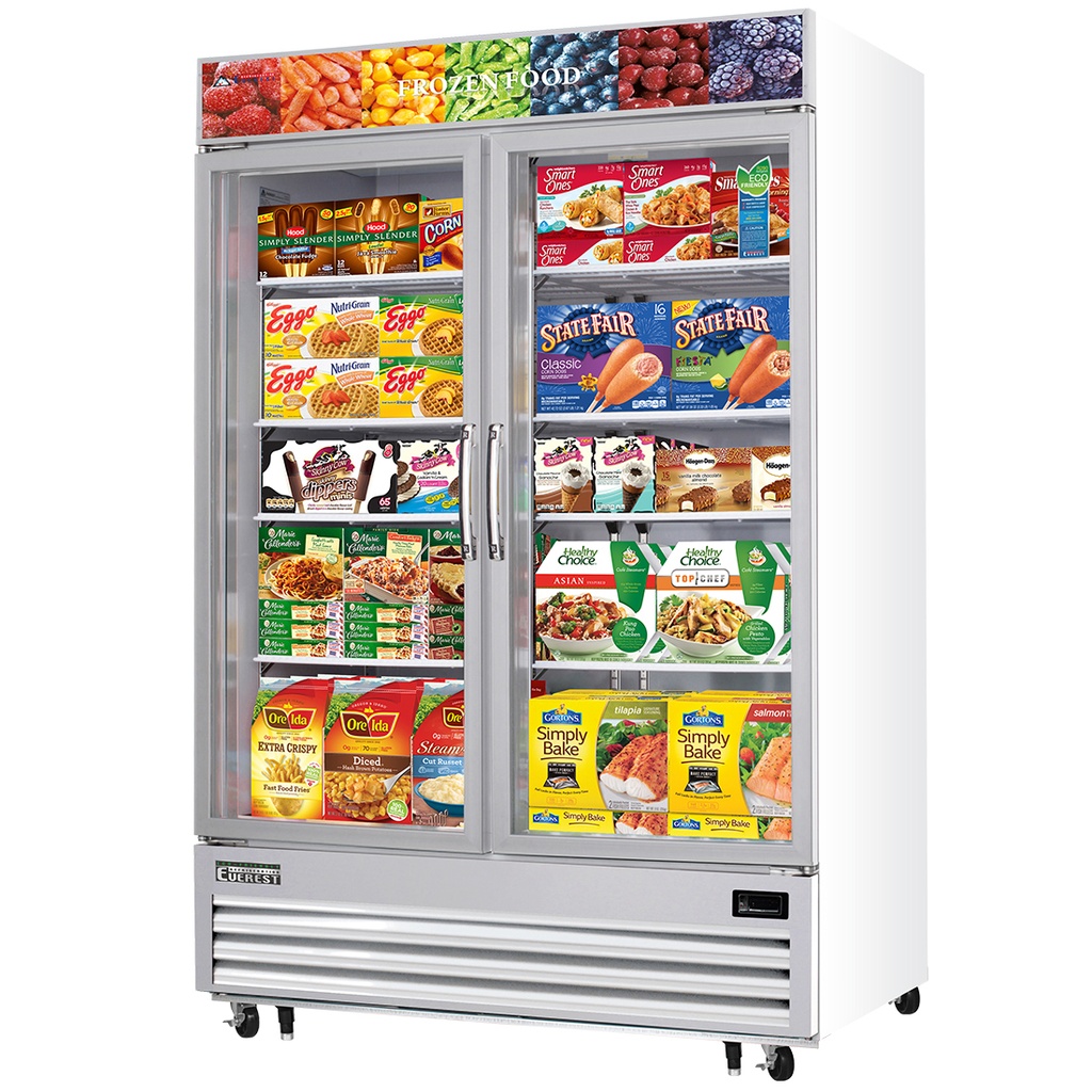 Everest EMGF48 55 inch Commercial Double Swing Glass Door Merchandiser Freezer with 48 Cu. Ft. Capacity, 2 Horsepower, in White