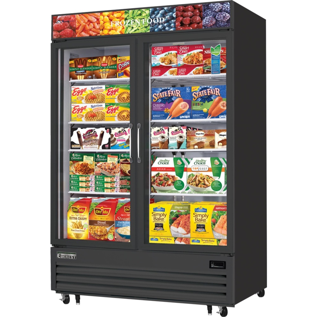 Everest EMGF48B 55 inch Commercial Double Swing Glass Door Merchandiser Freezer with 48 Cu. Ft. Capacity, 2 Horsepower, in Black