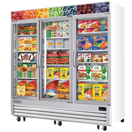 Everest EMGF69 75 inch Commercial Triple Swing Glass Door Merchandiser Freezer with 69 Cu. Ft. Capacity, 1-1/4 x 2 Horsepower, in White