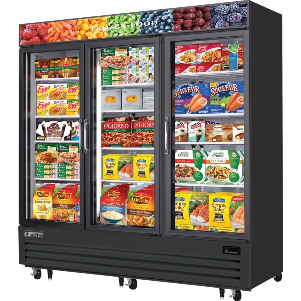 Everest EMGF69B 75 inch Commercial Triple Swing Glass Door Merchandiser Freezer with 69 Cu. Ft. Capacity, 1-1/4 x 2 Horsepower, in Black