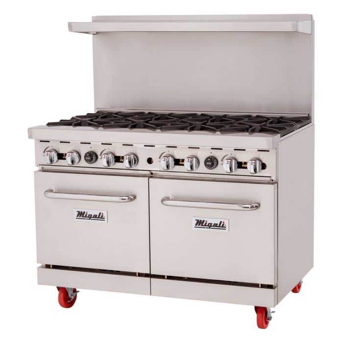 Migali CRO8NG 48 inch Commercial Range with 8 Burners, (2) Ovens, Natural Gas, 227000 Total BTU, in Stainless Steel