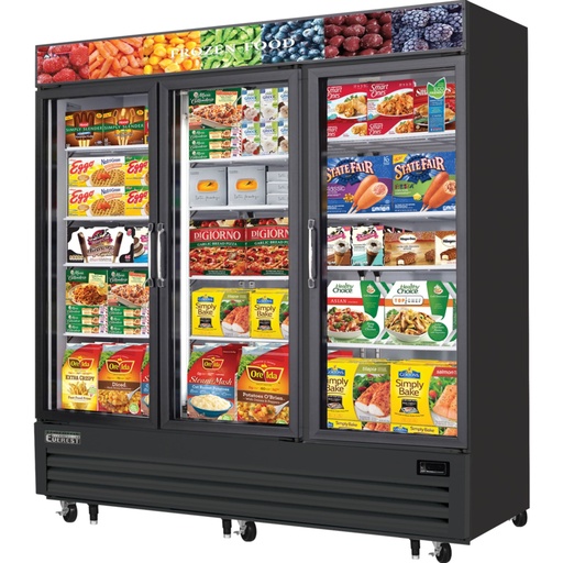 [EMGF69B] Everest EMGF69B 75 inch Commercial Triple Swing Glass Door Merchandiser Freezer with 69 Cu. Ft. Capacity, 1-1/4 x 2 Horsepower, in Black